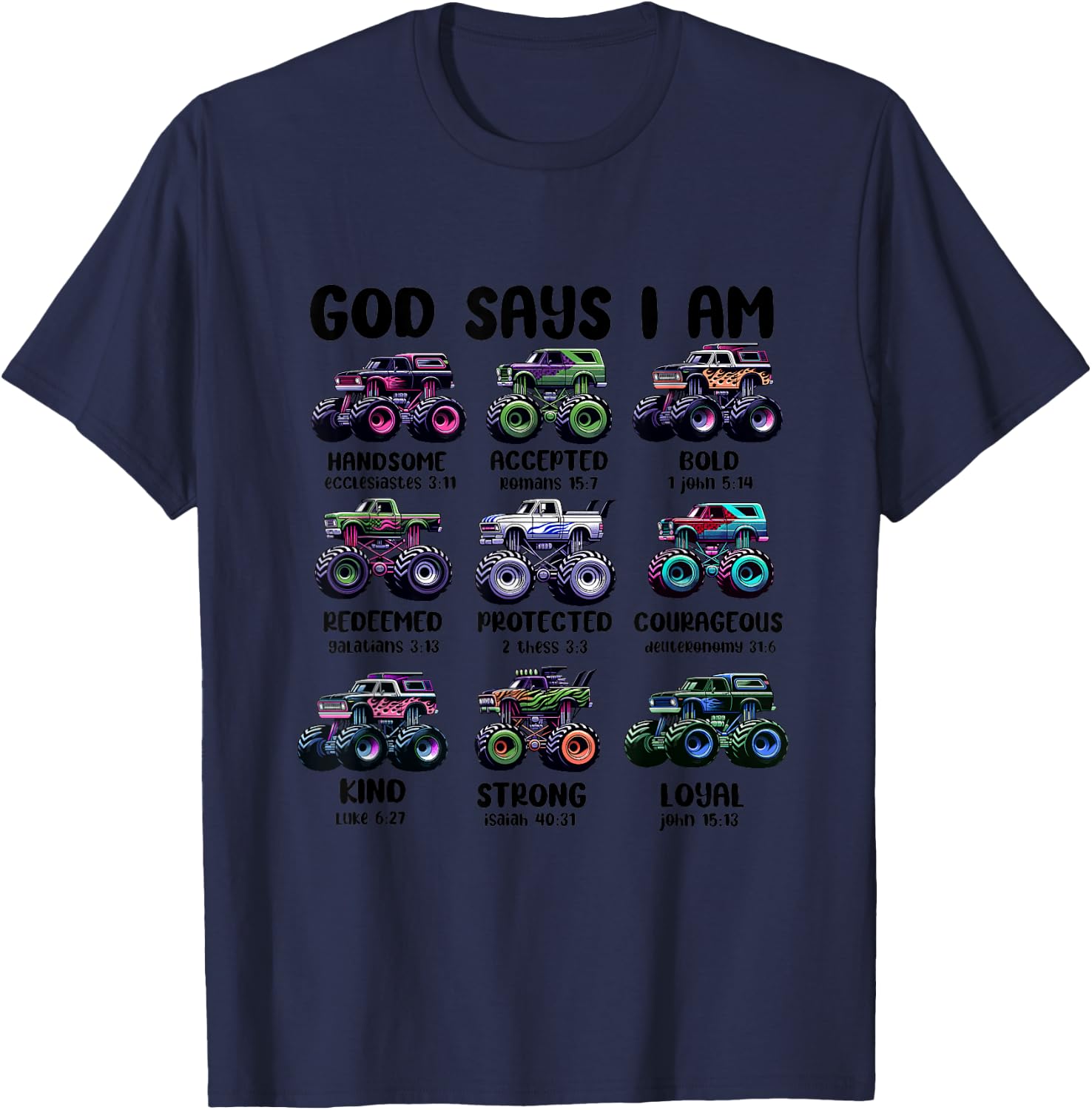 Funny God Says I Am Monster Truck Christian Bible Kids Boys T-Shirt - T-Shirt | Navy