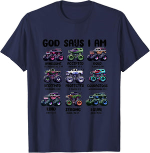 Funny God Says I Am Monster Truck Christian Bible Kids Boys T-Shirt - T-Shirt | Navy