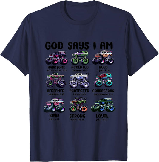 Funny God Says I Am Monster Truck Christian Bible Kids Boys T-Shirt - T-Shirt | Navy