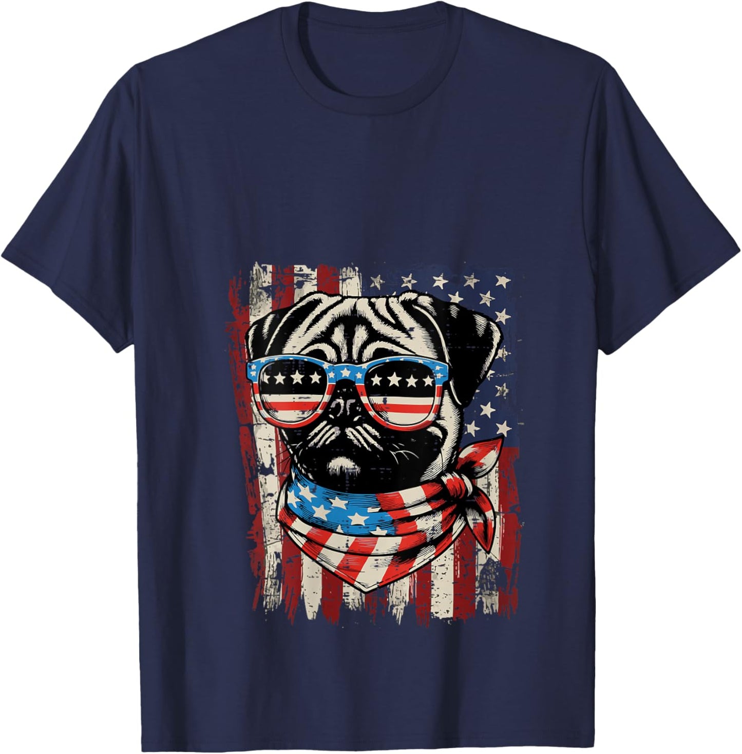 Women's 4th of July Dog Pug USA Flag Cute Patriotic Men Women Kids V-Neck T-Shirt - T-Shirt | Navy