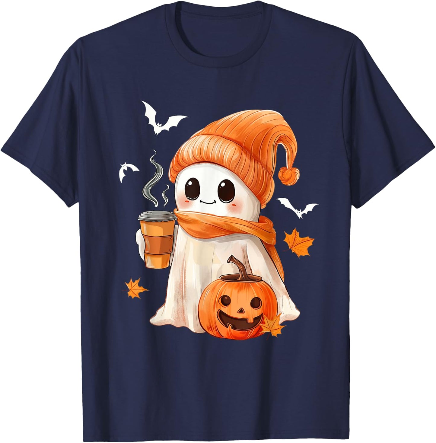 Cute Ghost Drinking Coffee Halloween Ghost Ice Coffee T-Shirt - T-Shirt | Navy