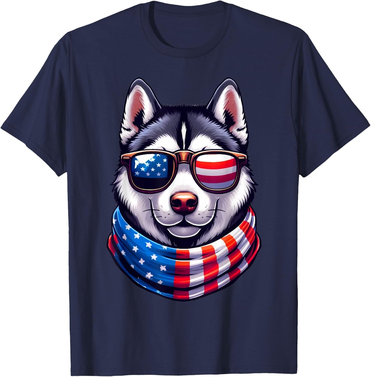Siberian Husky USA Flag Sunglasses 4th of July Patriotic Dog T-Shirt - T-Shirt | Navy