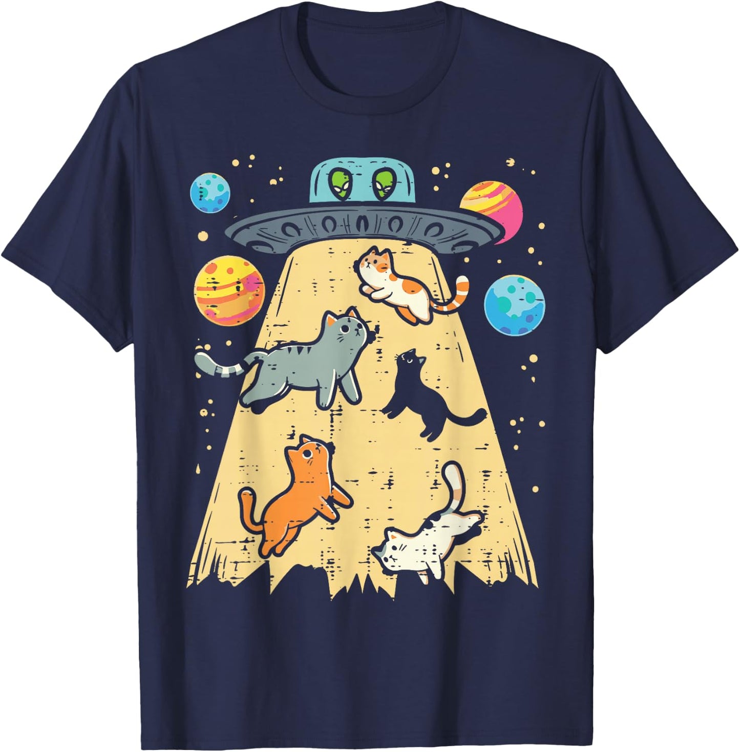 Alien Abduction Cats UFO Flying Saucer Space Women Girls Kid T-Shirt - T-Shirt | Navy