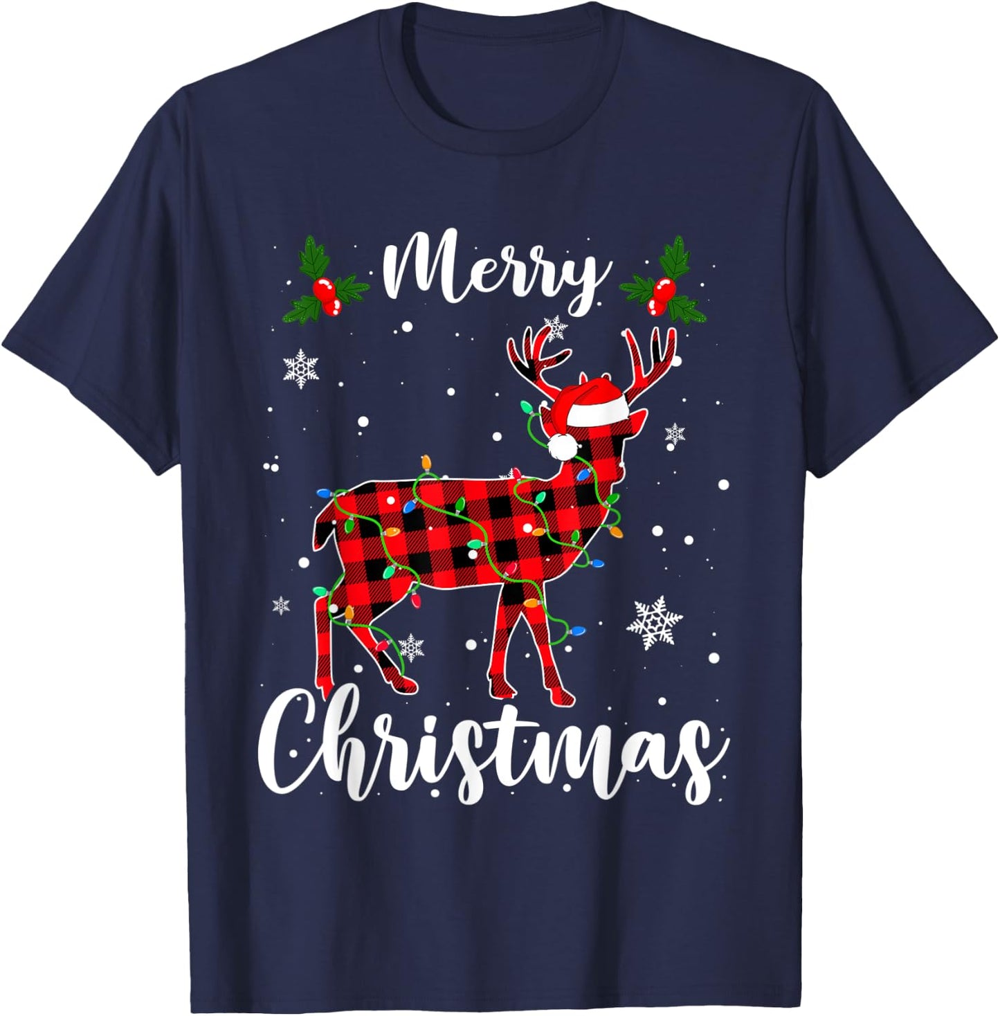 Deer Merry Christmas Animals Buffalo Red Plaid T-Shirt - T-Shirt | Navy