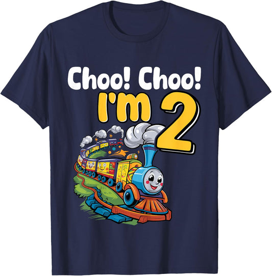 Train Choo Choo I'm 2 Years Old 2nd Birthday Party Train T-Shirt - T-Shirt | Navy