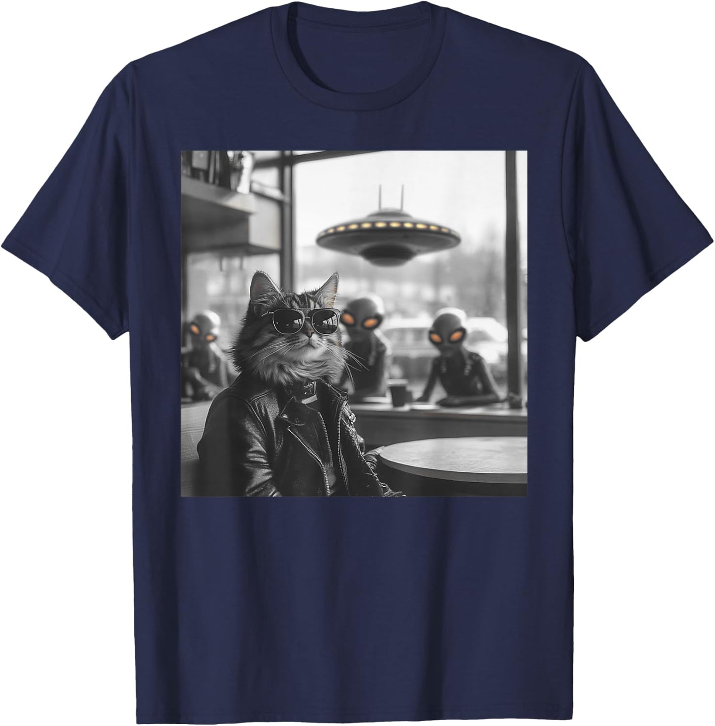 Cat in a Coffee Shop with Aliens and UFO T-Shirt - T-Shirt | Navy
