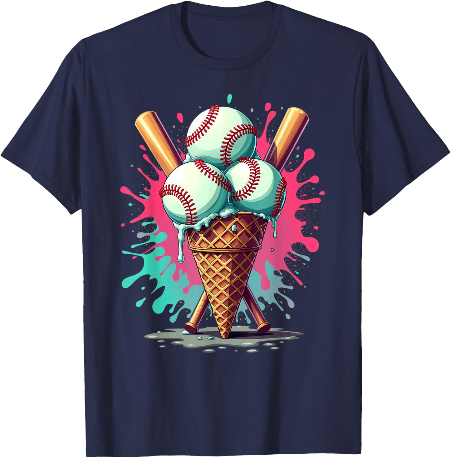 Baseball Ice Cream Watercolor Sports Lover Ice Cream Cone T-Shirt - T-Shirt | Navy