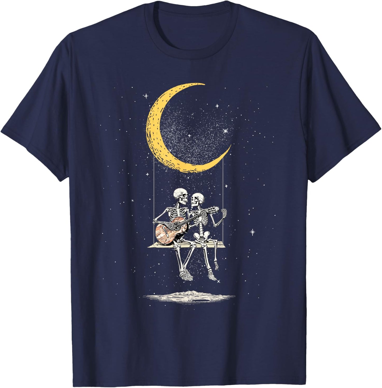 Skeleton Couple Matching Moon Swing Guitar Lover Halloween T-Shirt - T-Shirt | Navy