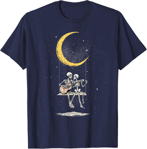 Skeleton Couple Matching Moon Swing Guitar Lover Halloween T-Shirt - T-Shirt | Navy