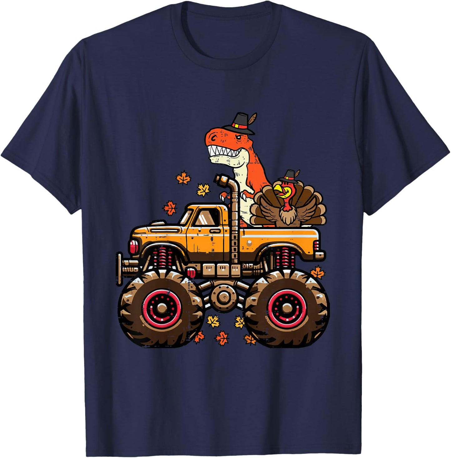 Kids Thanksgiving Dino Monster Truck Trex Fall Boys Kids Toddler T-Shirt - T-Shirt | Navy