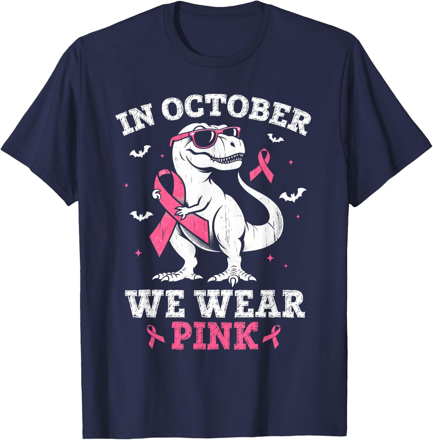 In October We Wear Pink Breast Cancer Dinosaur Boys Toddlers T-Shirt - T-Shirt | Navy