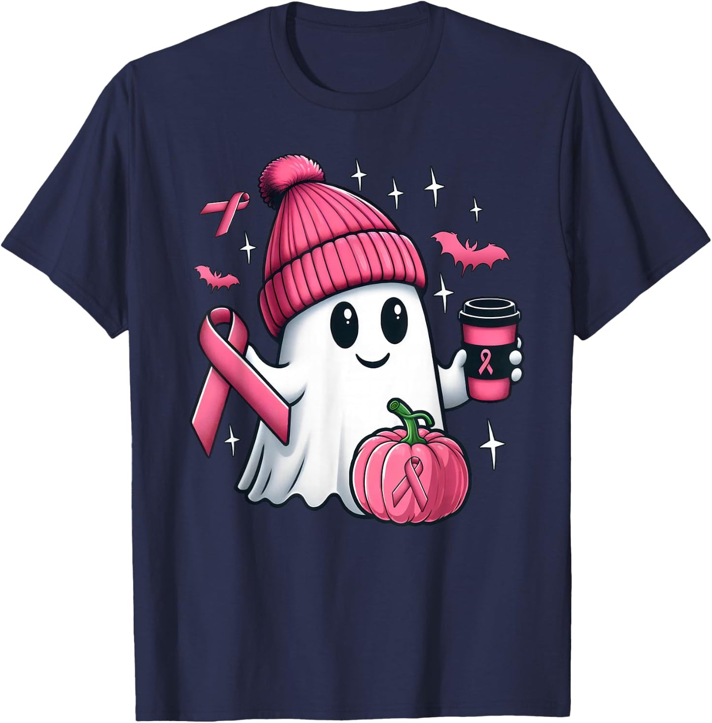 Cute Ghost Drinking Coffee Halloween Breast Cancer Awareness T-Shirt - T-Shirt | Navy