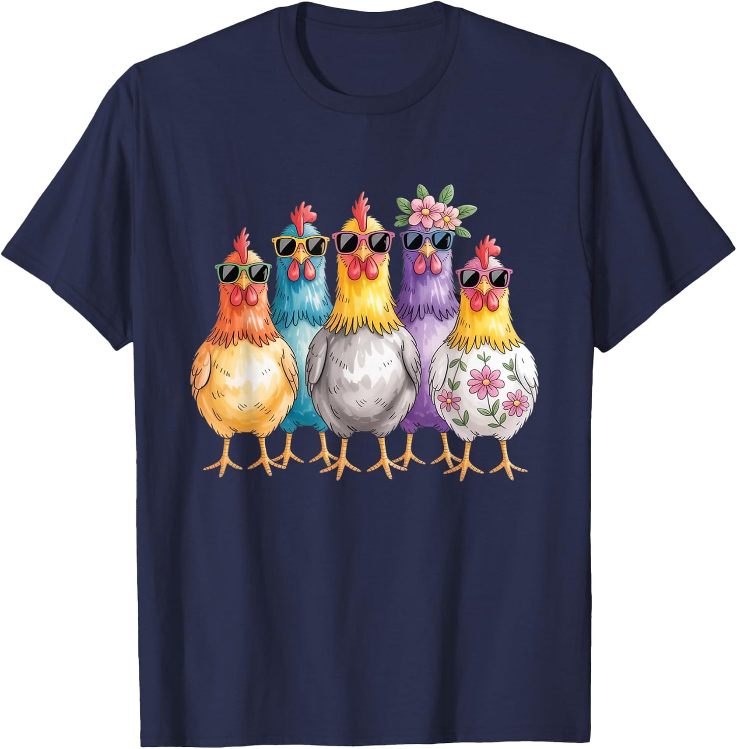 Colorful Cool Chickens Sunglasse Retro Chicken Floral Farm T-Shirt - T-Shirt | Navy
