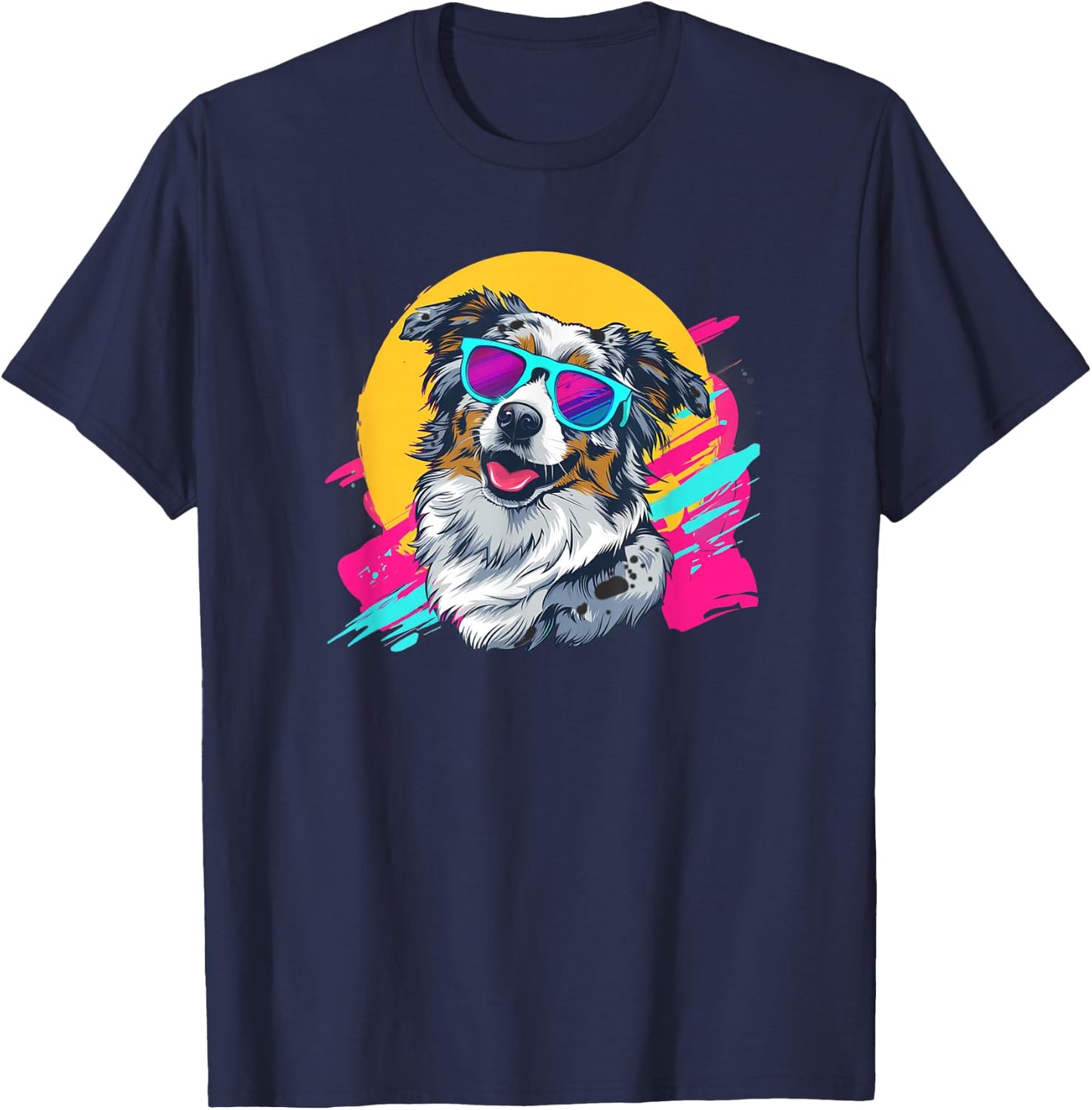 Funny Retro Vintage 80s Blue Merle Australian Shepherd Lover T-Shirt - T-Shirt | Navy