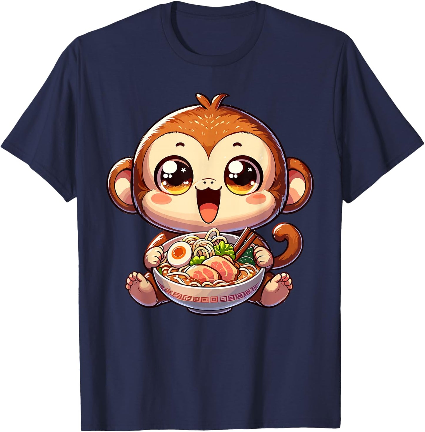 Cute Youth Monkey Kawaii Eating Ramen Japanese Food T-Shirt - T-Shirt | Navy