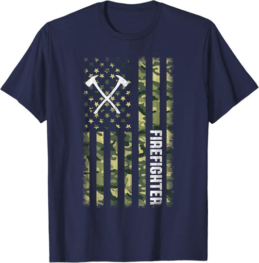 Camo American Flag USA Camouflage Patriotic Firefighter T-Shirt - T-Shirt | Navy