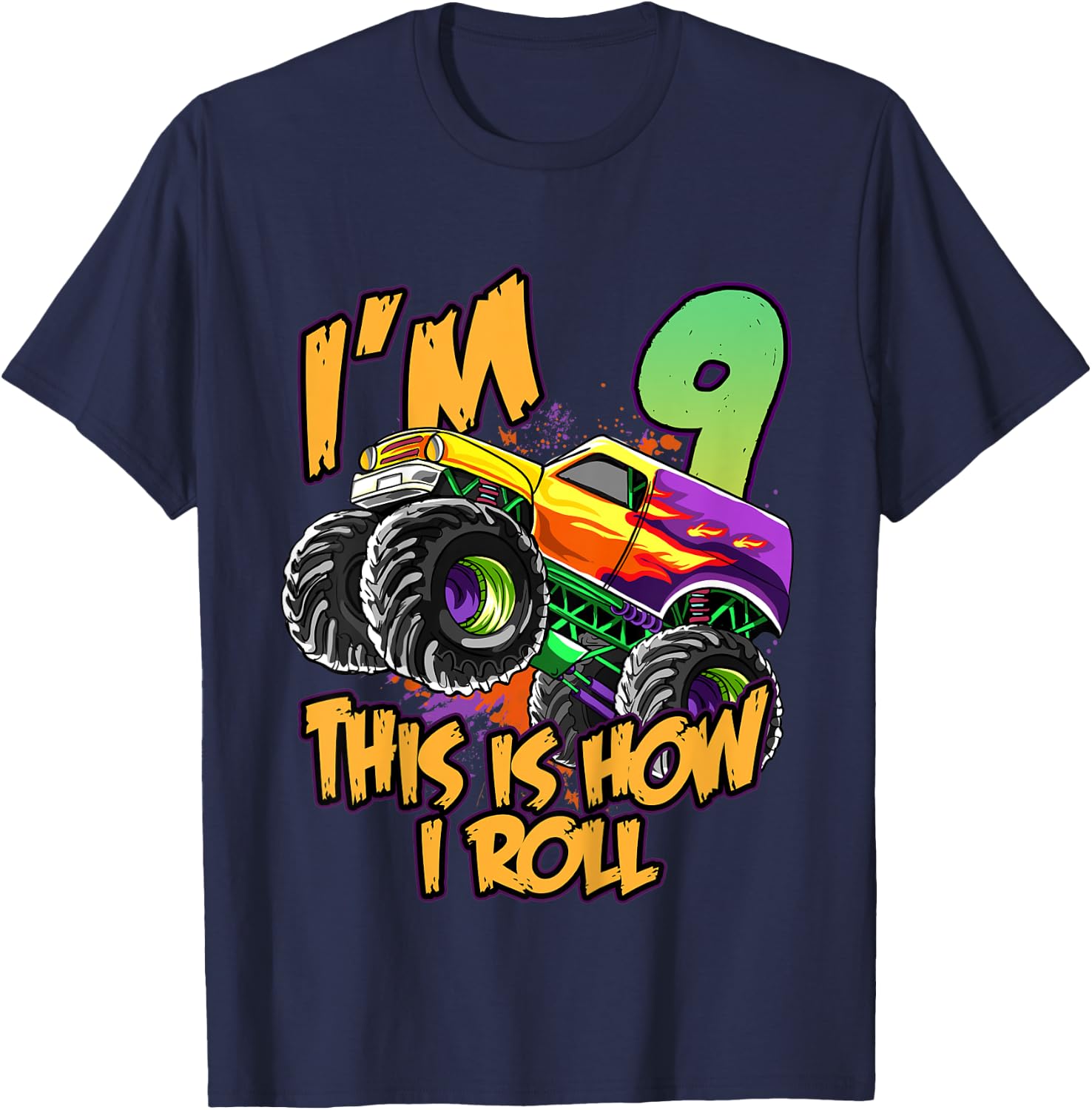 Kids 9th Birthday Boys Monster Truck 9 Year Old Race Car Party T-Shirt - T-Shirt | Navy