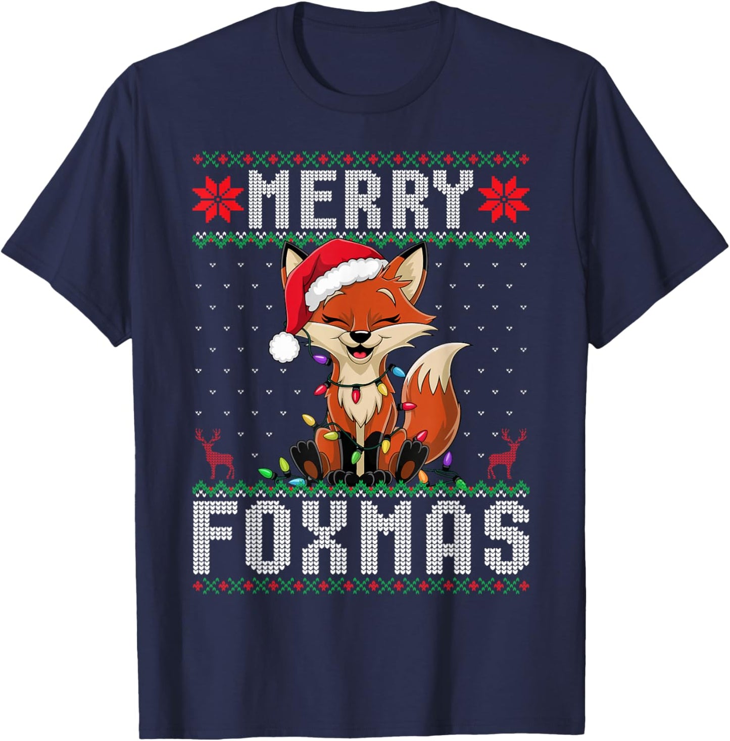Merry Foxmas Fox Tree Lights Santa Hat Xmas Ugly Christmas T-Shirt - T-Shirt | Navy