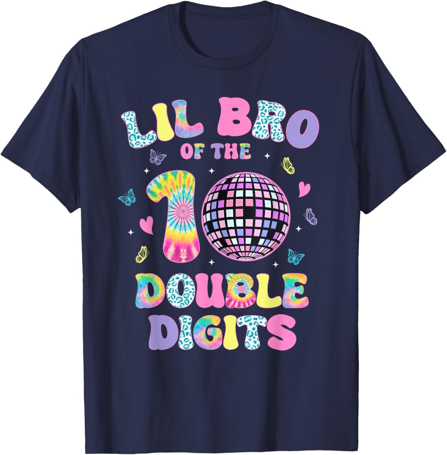 Lil Bro Of The Double Digits 10 Year Old Birthday Girl Retro T-Shirt - T-Shirt | Navy