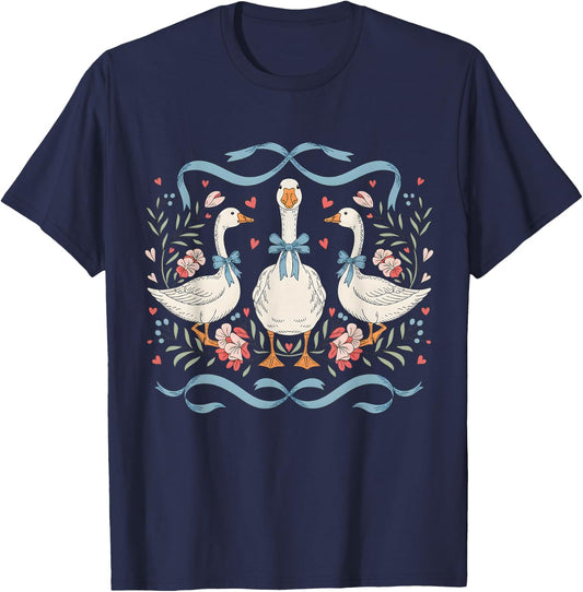 Vintage Goose Funny Blue Ribbon Goose Retro Cottagecore T-Shirt - T-Shirt | Navy