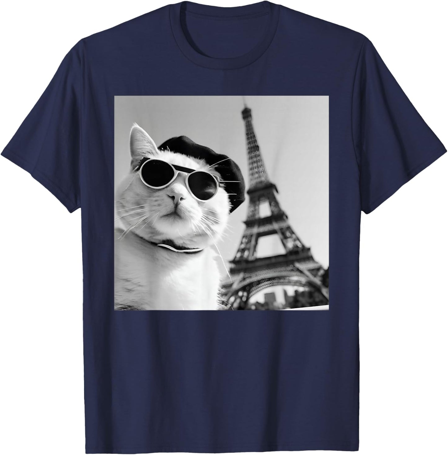 Funny Cat Wearing Sunglasses At The Eiffel Tower in France T-Shirt - T-Shirt | Navy