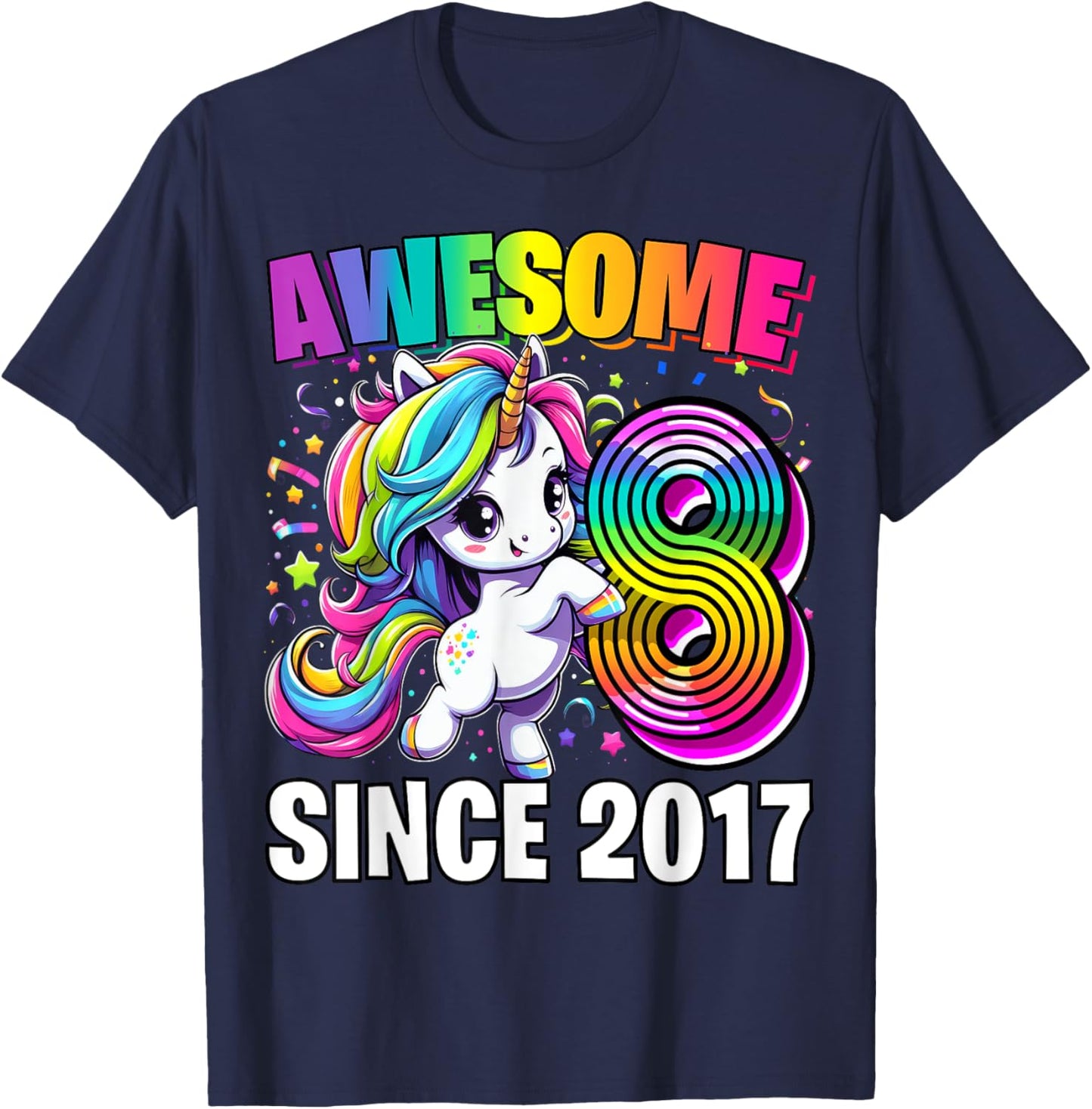 Unicorn 8th Birthday 8 Year Old Unicorn Party Girls Outfit T-Shirt - T-Shirt | Navy