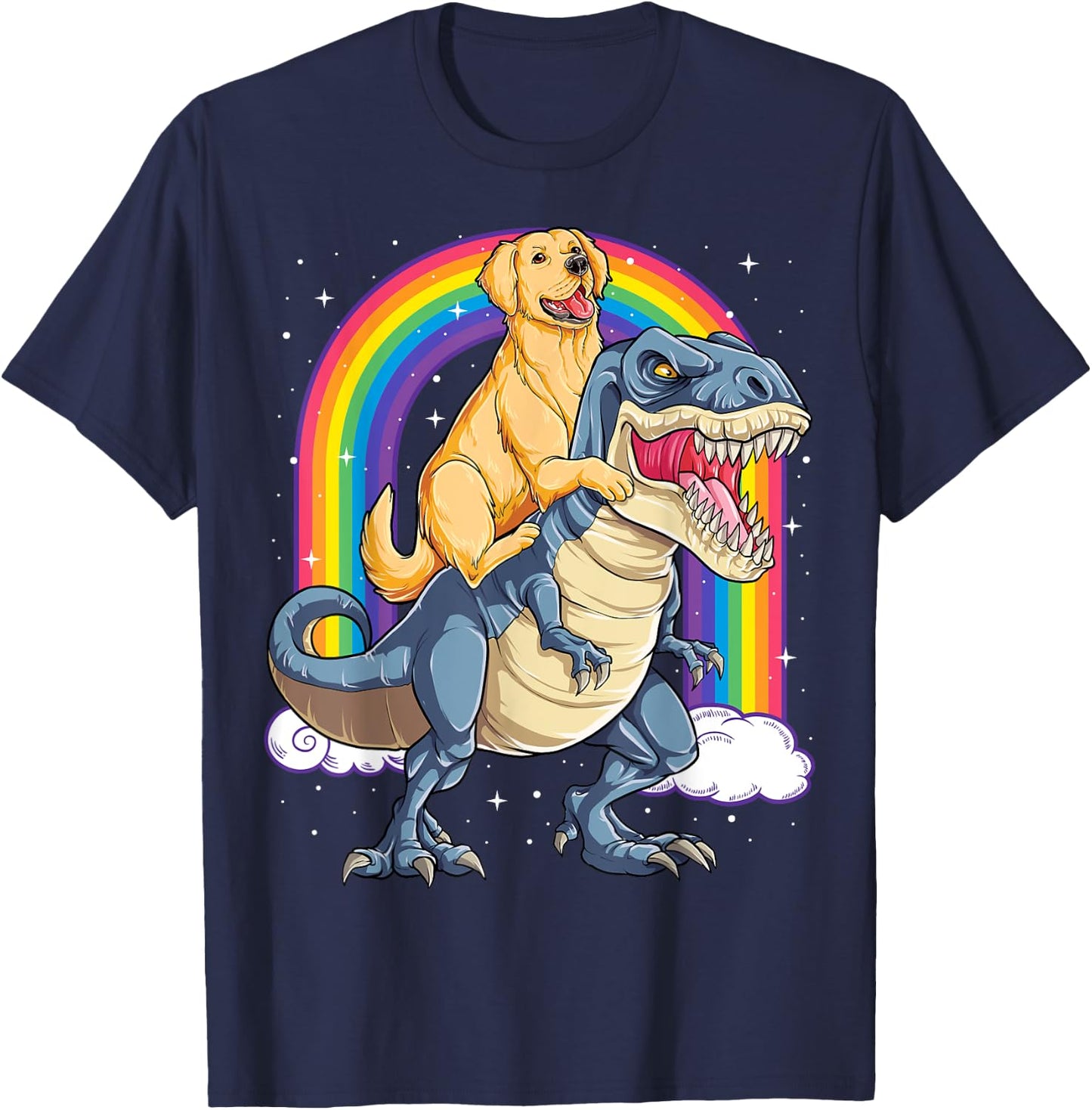 Golden Retriever Riding Dinosaur T-rex Gifts Boys Rainbow T-Shirt - T-Shirt | Navy