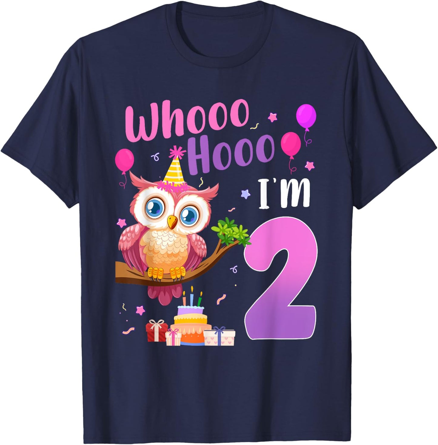 Whooo Hooo I’m 2 Year Old Cute Owl 2nd Birthday Girl T-Shirt - T-Shirt | Navy