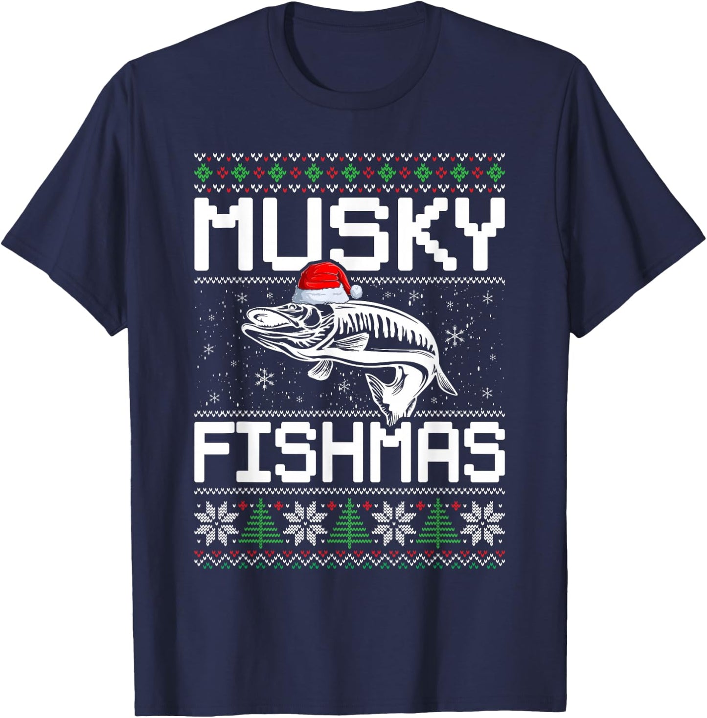 Muskie Angler Fishmas Musky Fishing Ugly Christmas T-Shirt - T-Shirt | Navy