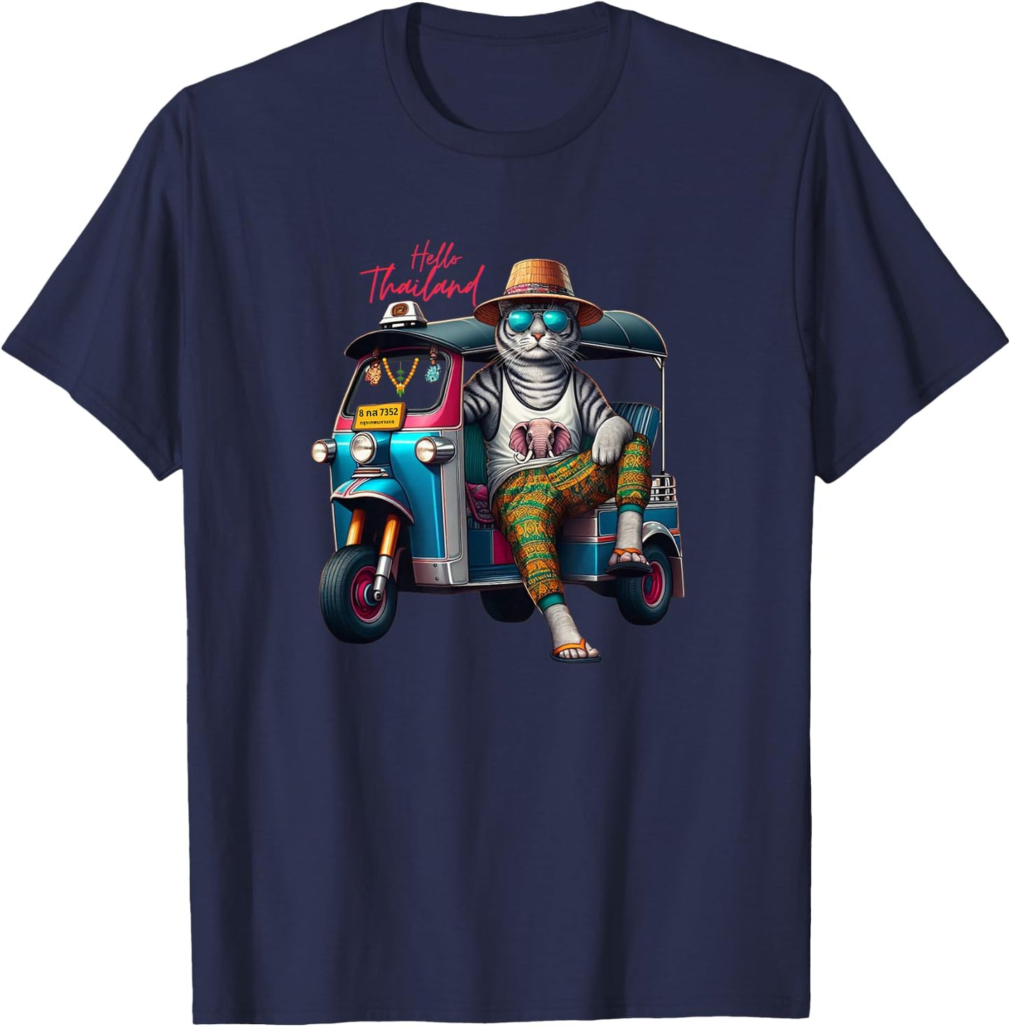 Hello Thailand Cool cat wear elephant Pants on Thai TukTuk T-Shirt - T-Shirt | Navy
