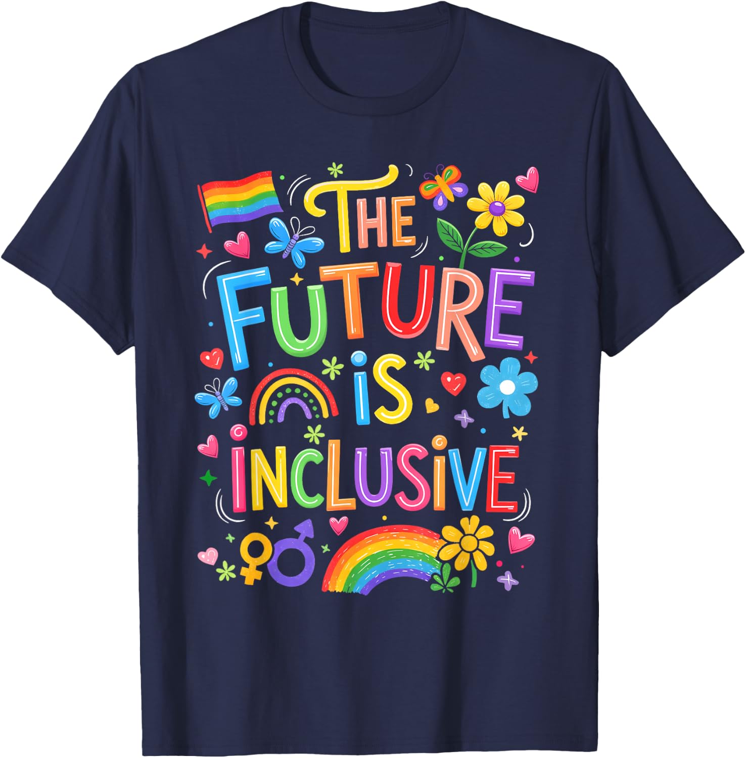 Future is Inclusive Rainbow Pride LGBT Boho Flower Men Women T-Shirt - T-Shirt | Navy