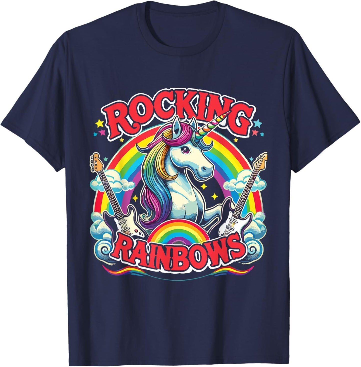 Rock Star Rock And Roll Rocking Rainbows Unicorn Guitar T-Shirt - T-Shirt | Navy