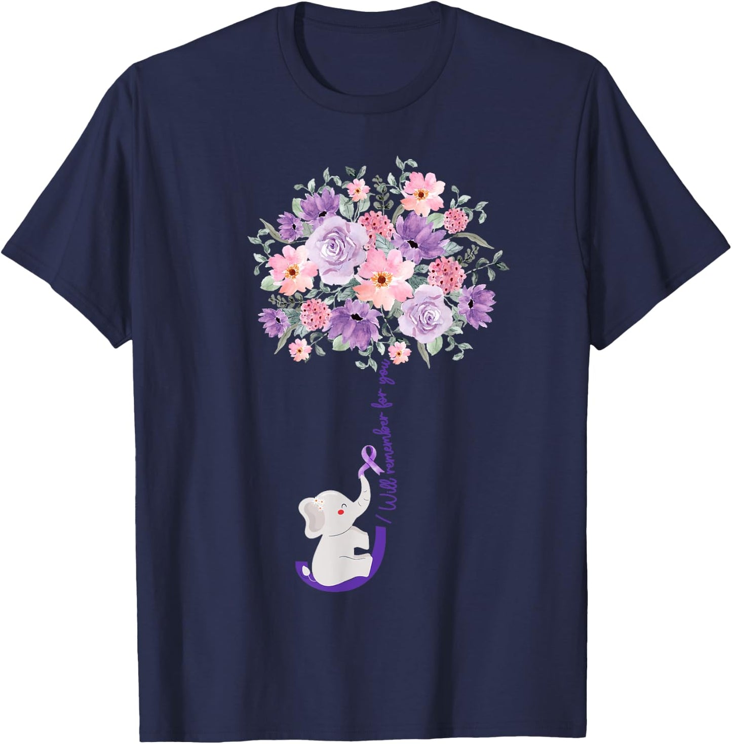 Elephant I Will Remember For You purple Sunflower Alzheimer T-Shirt - T-Shirt | Navy