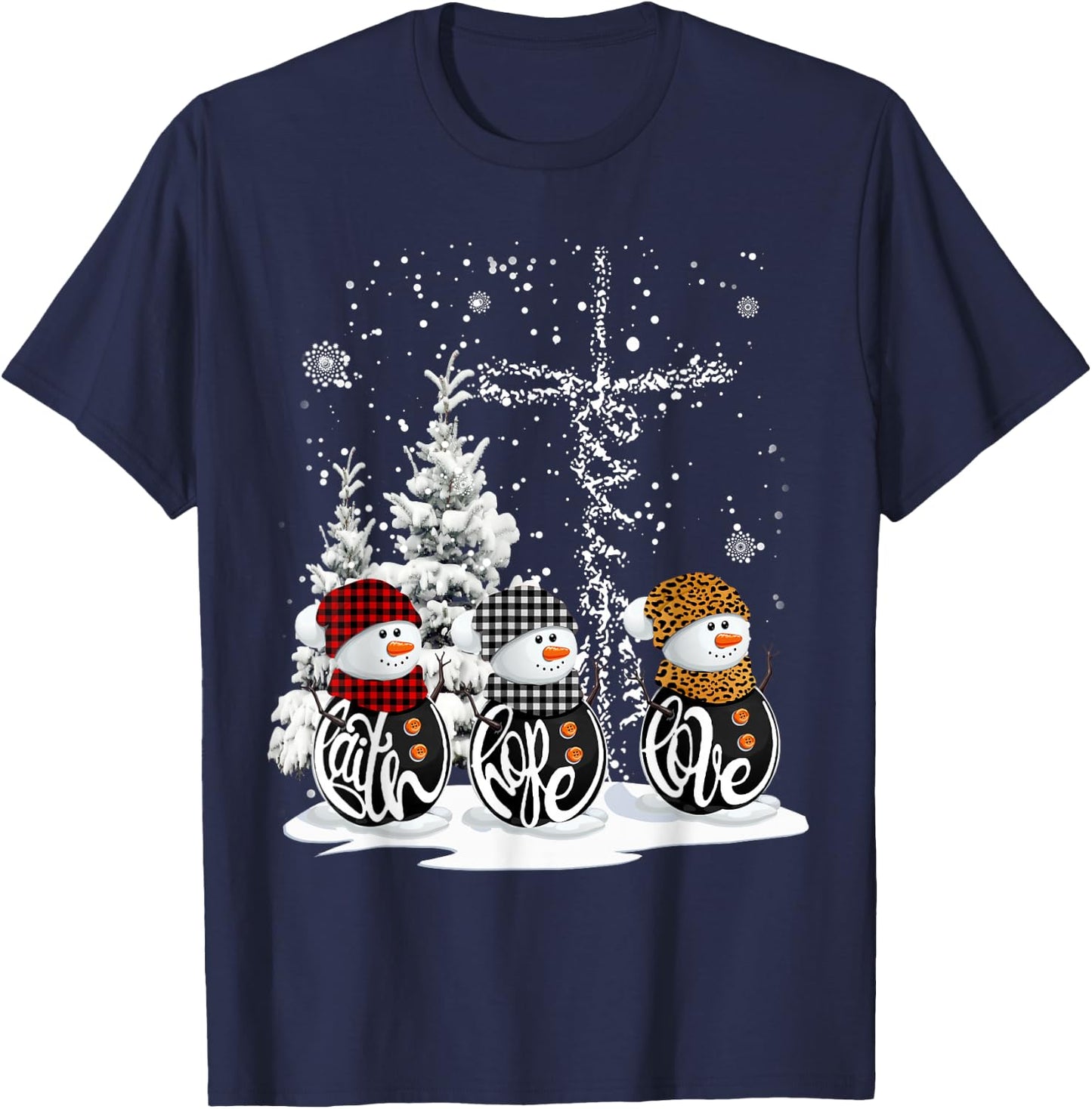 Funny Christmas 2025 Faith Hope Love Snowman Christian Cross T-Shirt - T-Shirt | Navy