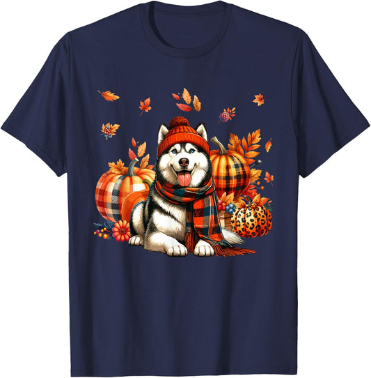 Husky Thanksgiving Leopard Pumpkins Fall Leaves Lover T-Shirt - T-Shirt | Navy