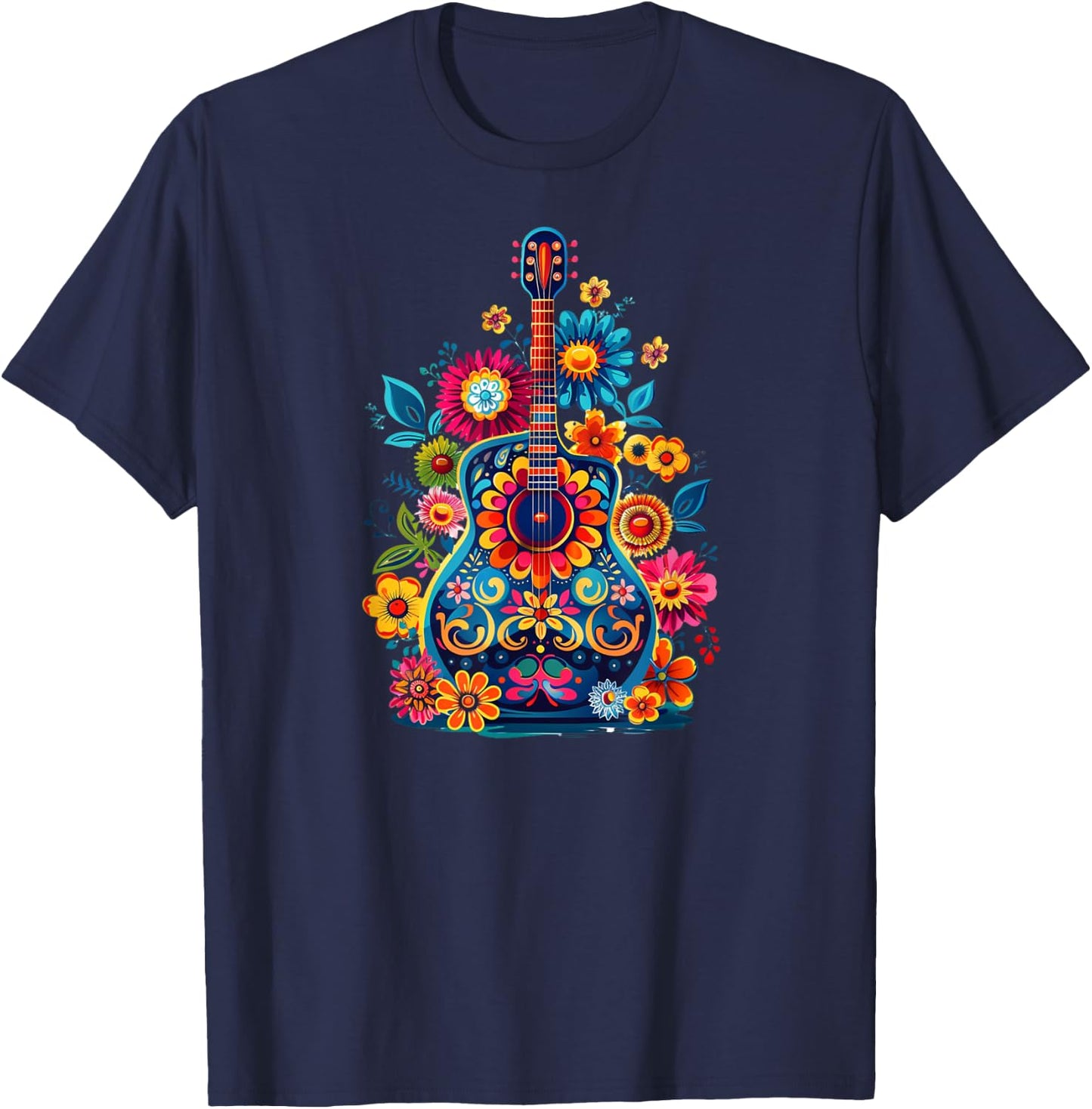 Cute Hippie Acoustic Flower Guitar - Floral Hippie Music Fan T-Shirt - T-Shirt | Navy