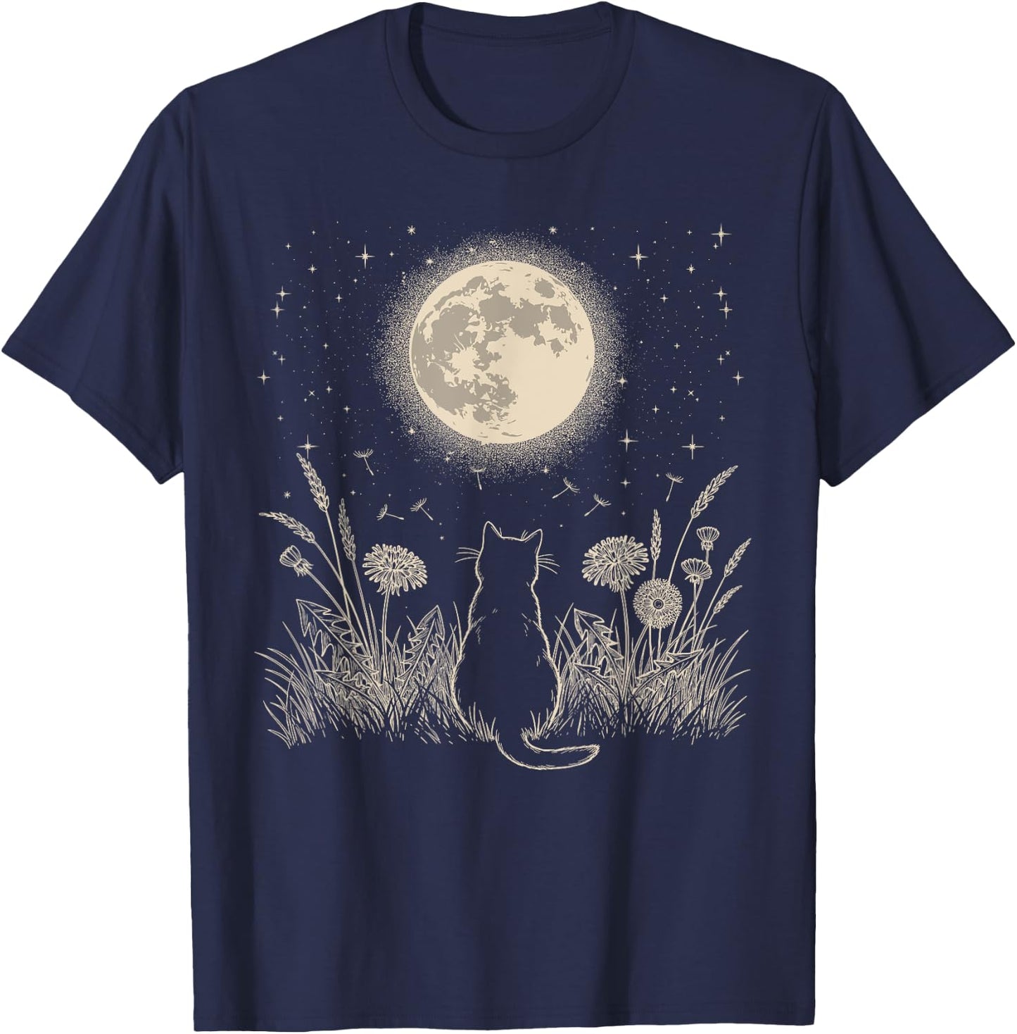 Black Cat Moon Floral Aesthetic Men Women Kitten Halloween T-Shirt - T-Shirt | Navy