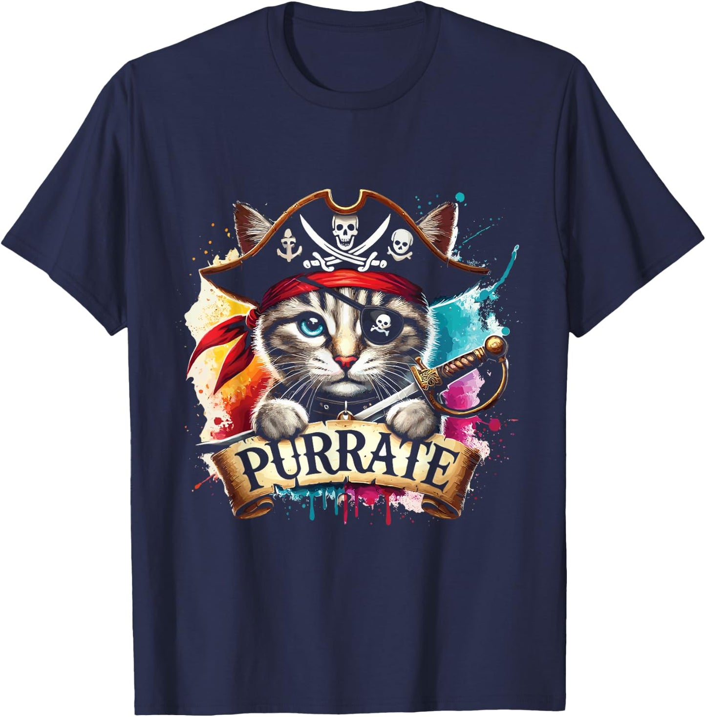 Halloween Pirate Cat Purrate Cute Cat Men Women Kids T-Shirt - T-Shirt | Navy
