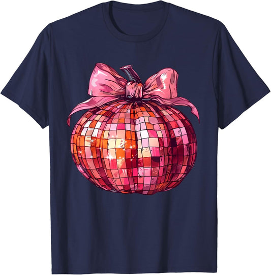 Retro Disco Ball Coquette Pink Pumpkin T-Shirt - T-Shirt | Navy