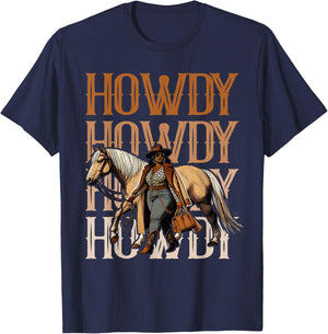 Howdy Black Cowgirl Country Western Rodeo Melanin Texas T-Shirt - T-Shirt | Navy
