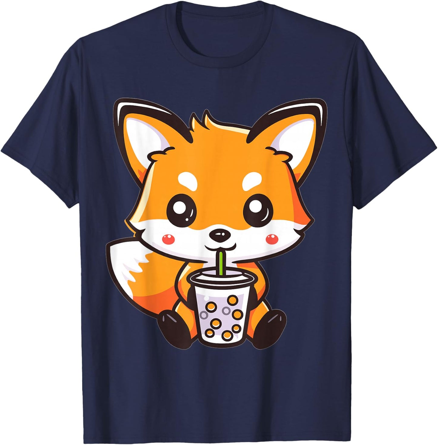 Kawaii Fox Drinking Bubble Tea Boba Anime Cute Graphic T-Shirt - T-Shirt | Navy