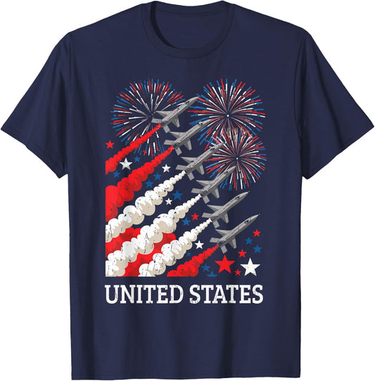 Fighter Jet Airplane American Flag 4th of July Patriotic T-Shirt - T-Shirt | Navy