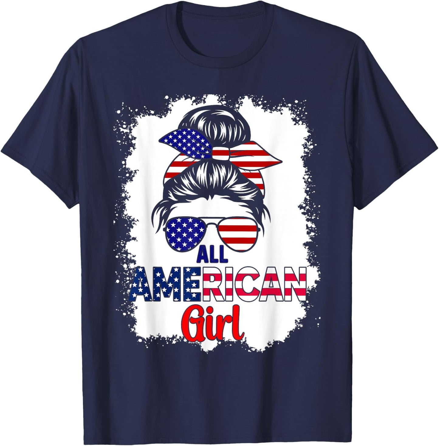 Messy Bun Patriotic All American Girl 4th Of July T-Shirt - T-Shirt | Navy