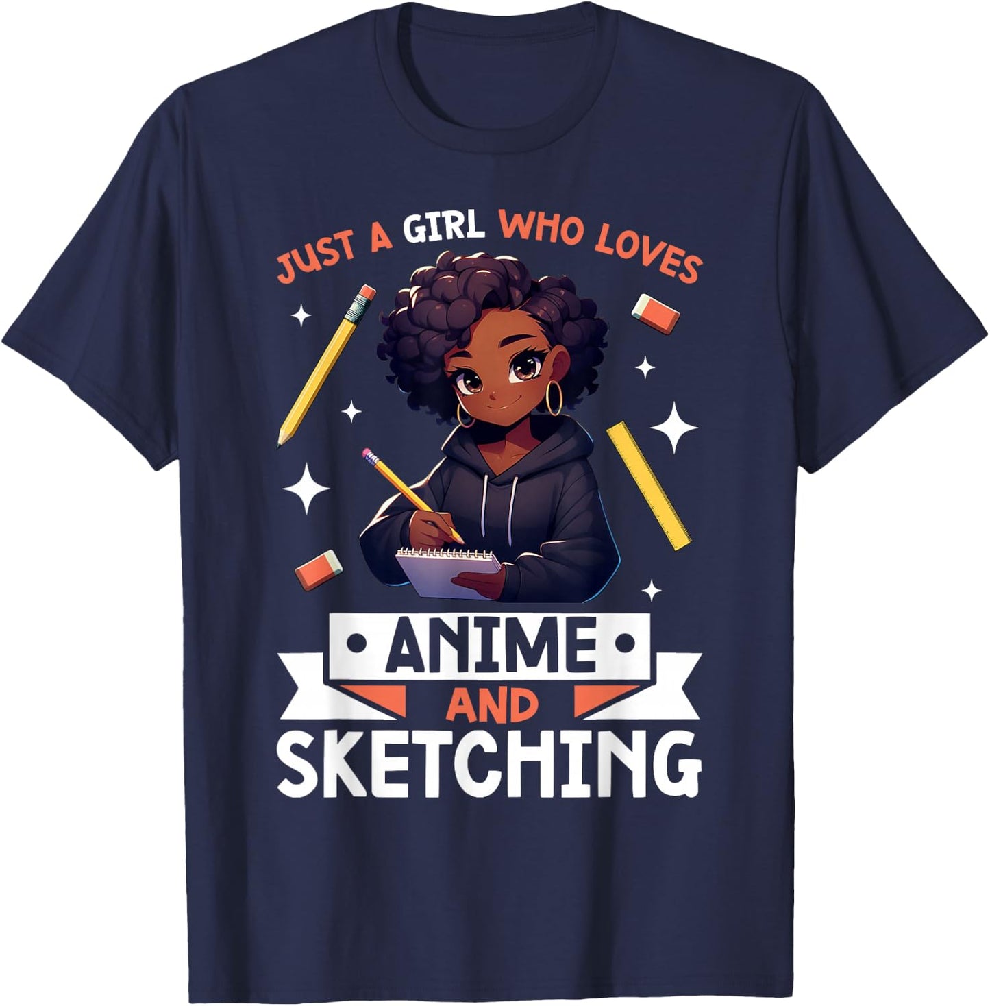 Just A Girl Who Loves Anime And Sketching Afro Anime Merch T-Shirt - T-Shirt | Navy