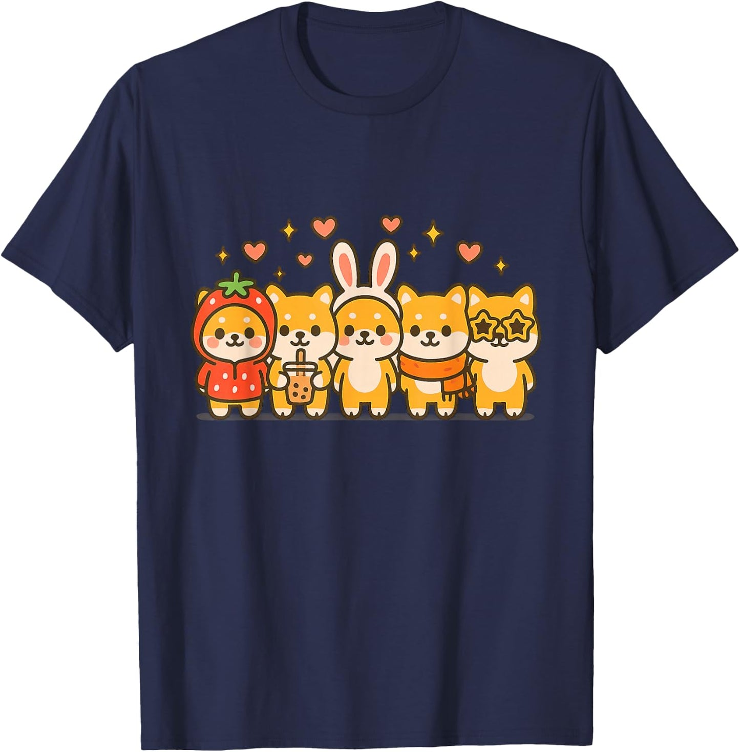 Kawaii Shiba Inu Squad Cute Strawberry Bunny Boba Dog Art T-Shirt - T-Shirt | Navy