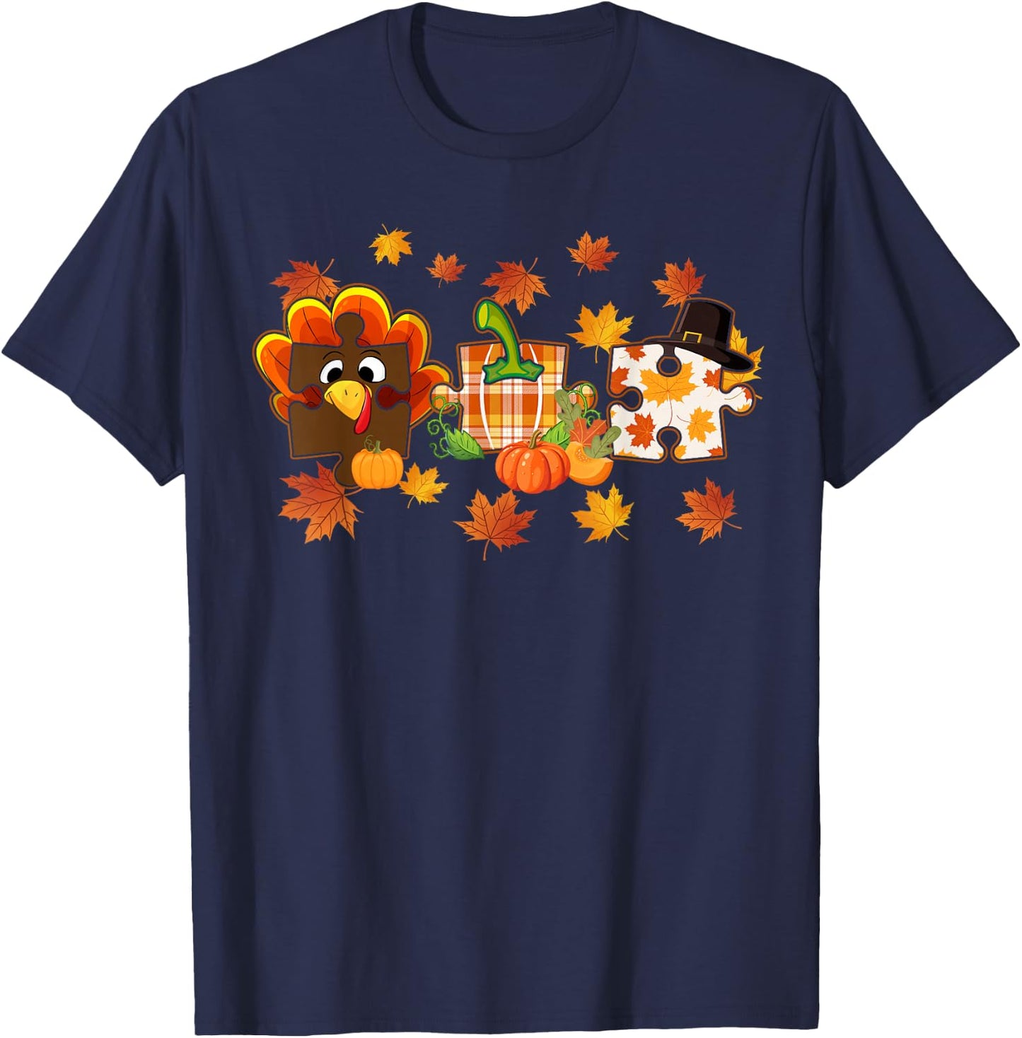 Cute Turkey Autism Awareness Puzzle Pumpkin for Thanksgiving T-Shirt - T-Shirt | Navy