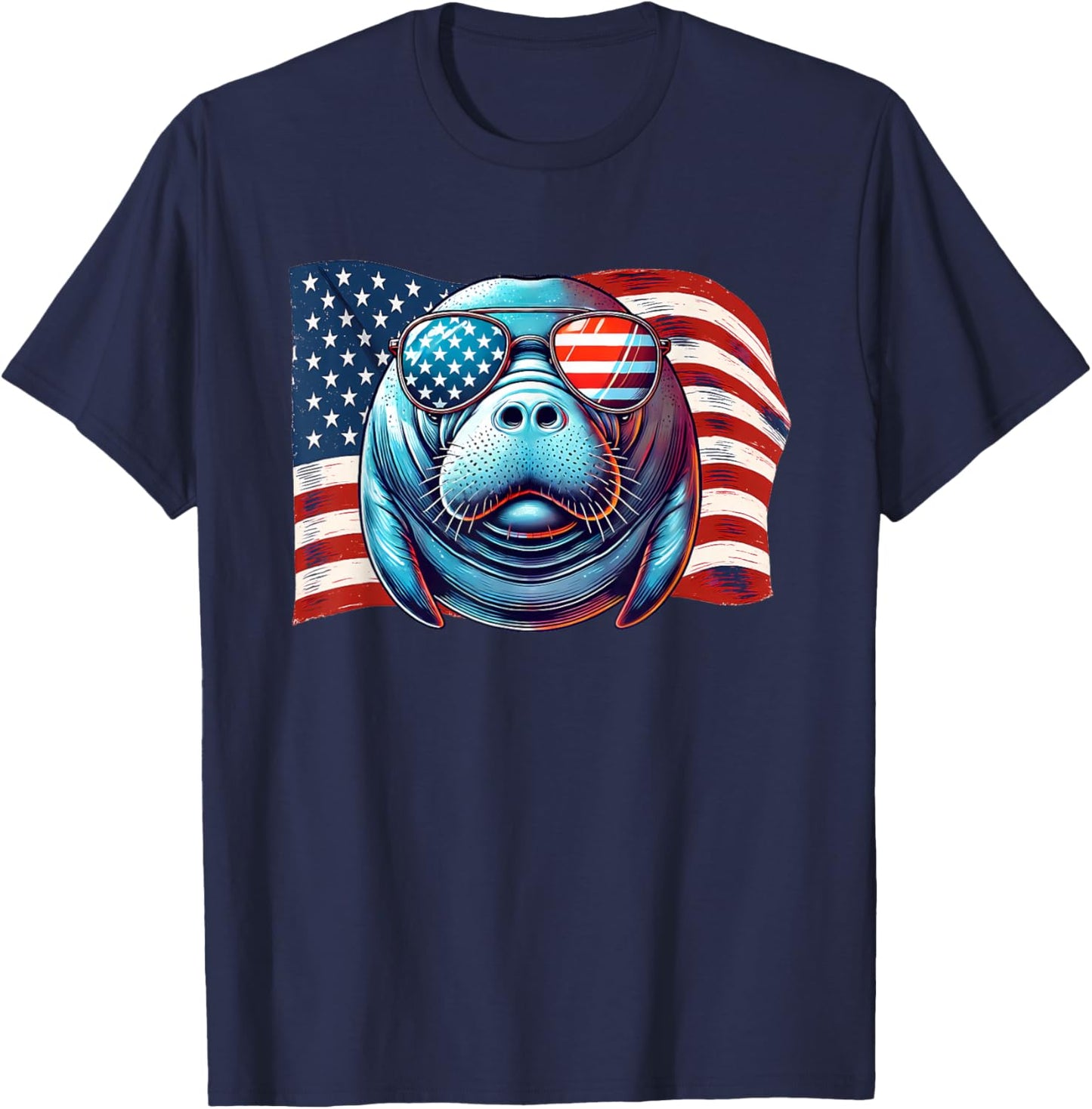 Manatee Sea Animals USA Flag Patriotic Sunglasses Americans T-Shirt - T-Shirt | Navy