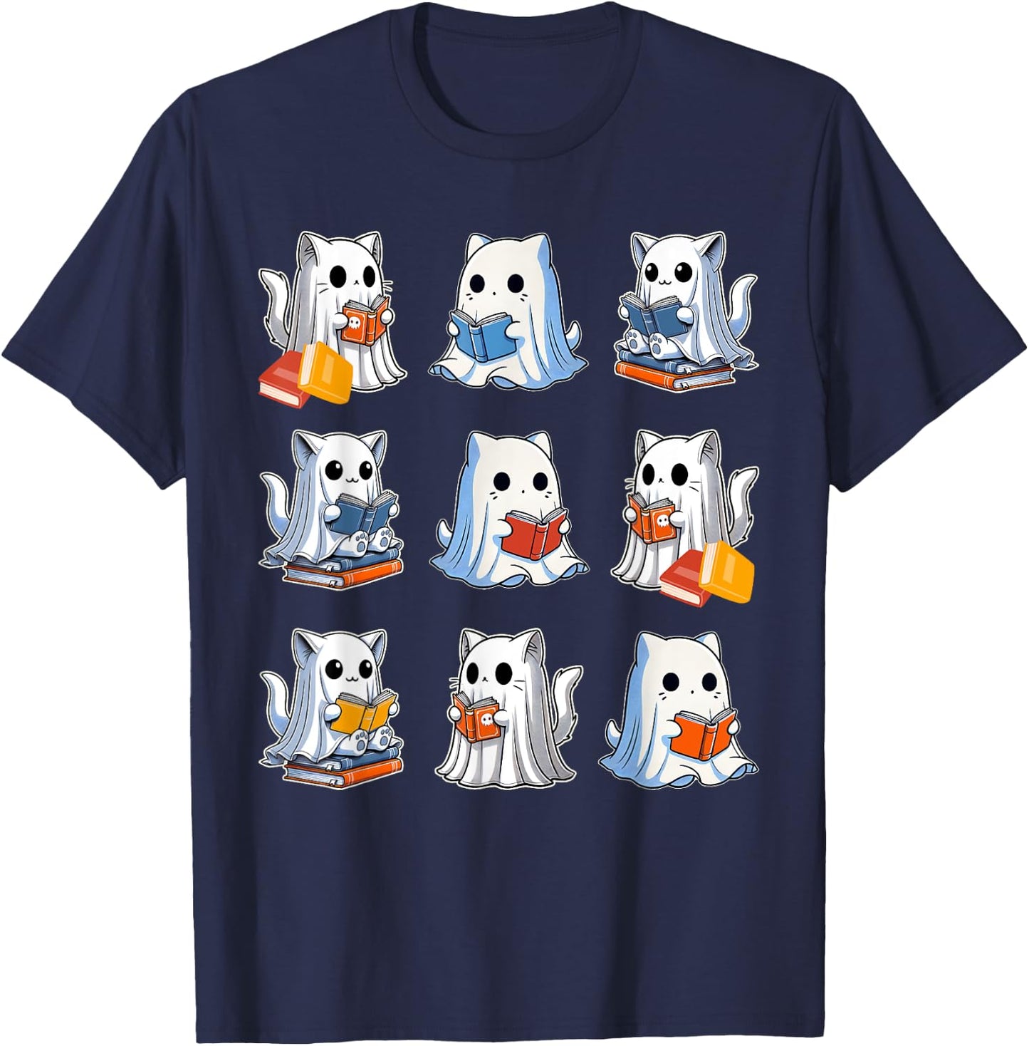 Funny Cats Reading Halloween Cute Cats Ghosts Reading Books T-Shirt - T-Shirt | Navy