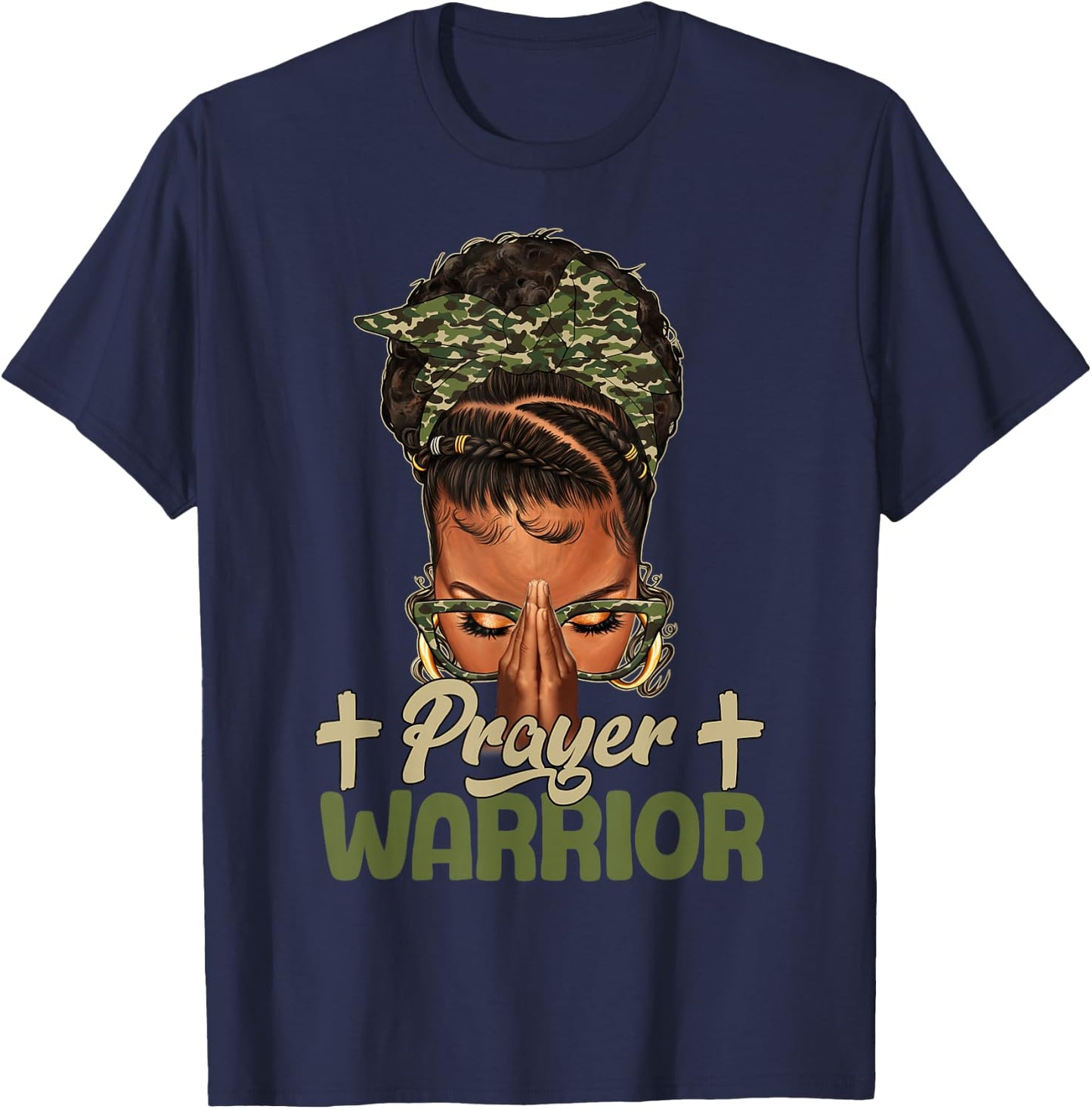 Sayings Prayer Warrior Black Woman Afro Christian Praying T-Shirt - T-Shirt | Navy