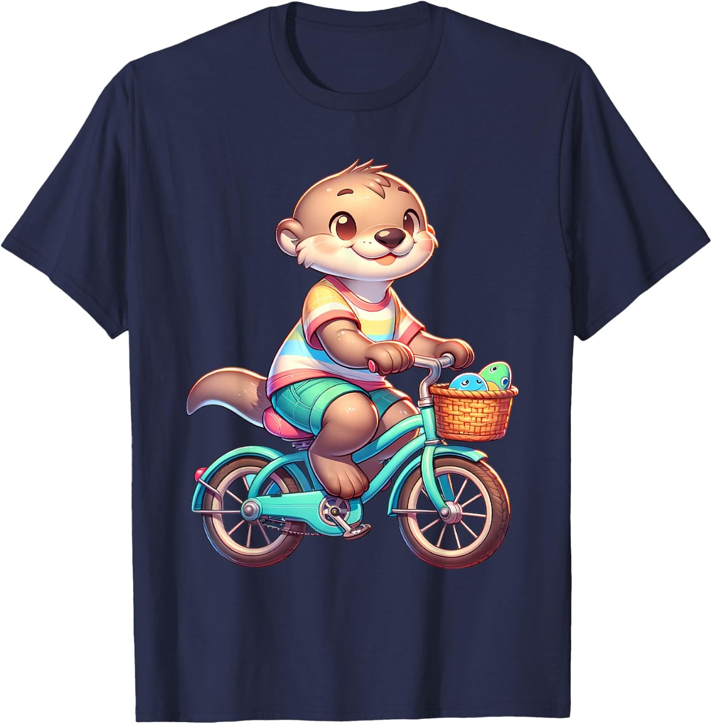 Cute Otter on Bicycle Cycling Animal Men Women Kids T-Shirt - T-Shirt | Navy